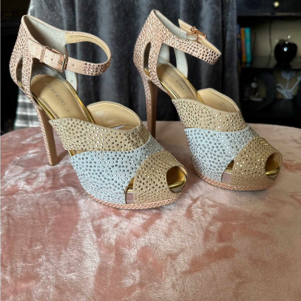 Gianni Bini Cream and Gold High Heels with Rhinestones